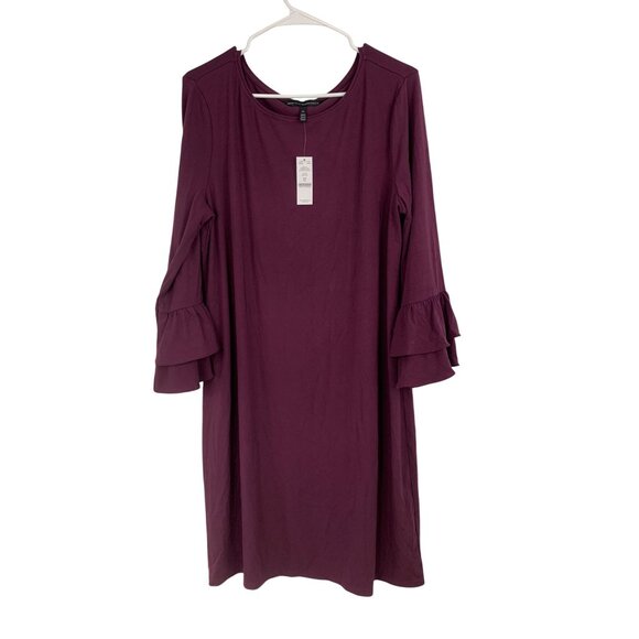 White House Black Market Purple Jersey Shift Dress XL 3/4 Ruffle Sleeve RS10280 - Picture 2 of 11
